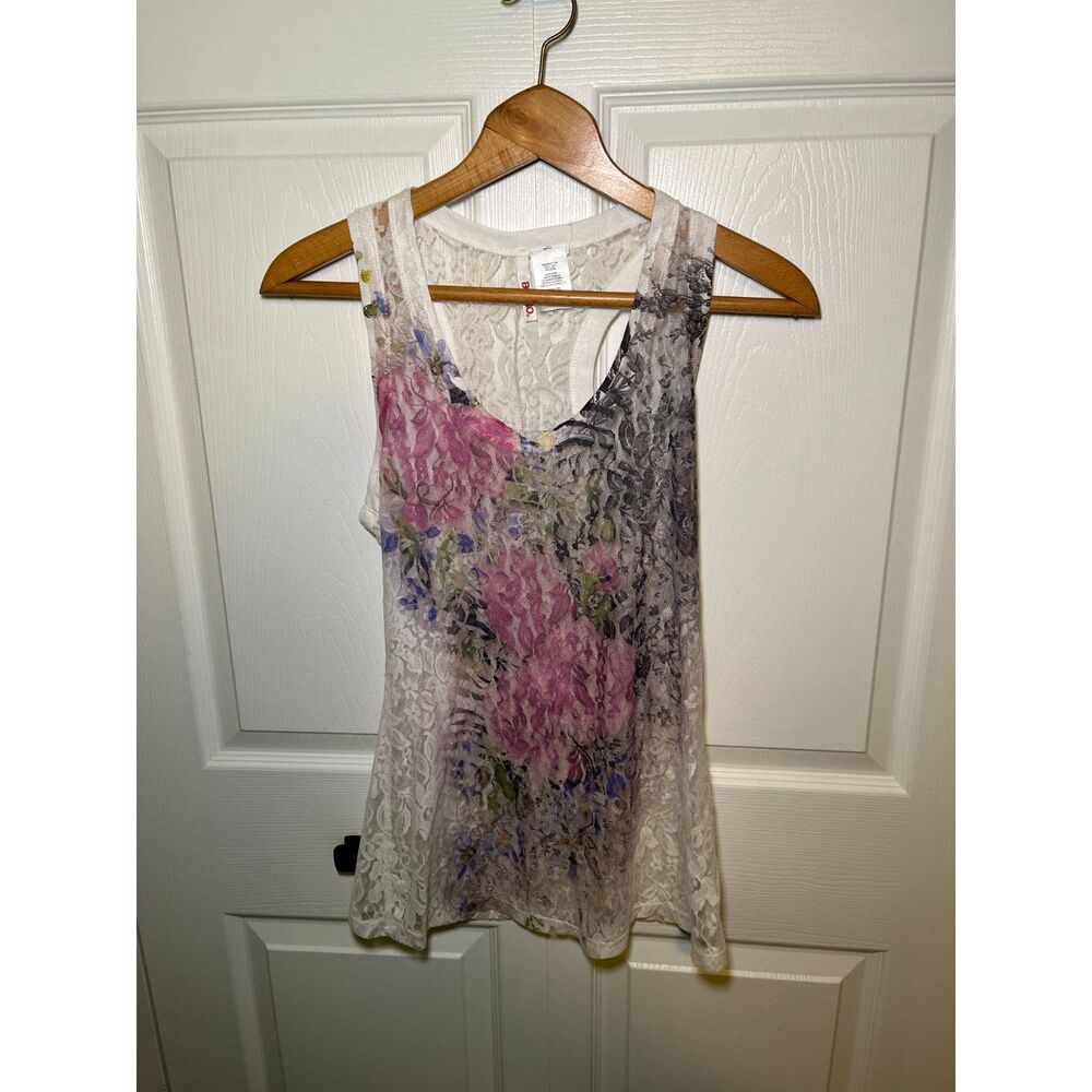 Bongo Floral Lace Tank Top Womens Large White Pink Racerback Boho